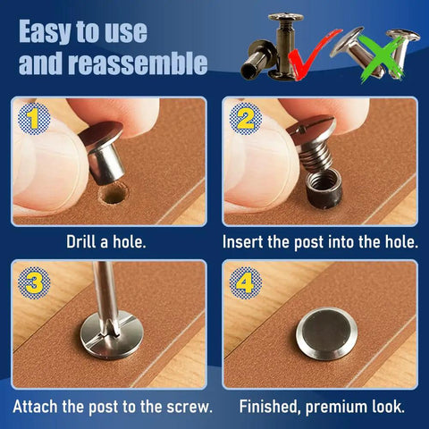 Instructions for using Hella Durable Chicago Screws For Leatherworking M5 X 5Mm Gunmetal Black Hardware during assembly.
