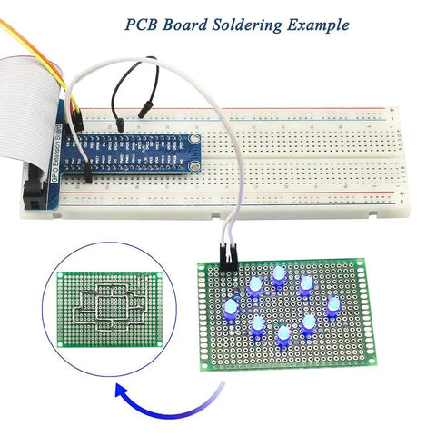 Electronic Component Fun Kit With Ebook Upgrade Starter Kit includes PCB board, breadboard with jumpers, and LEDs example.