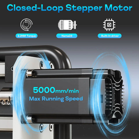 6060 CNC Router Machine With NEMA 23 Closed-Loop Stepper Motors, max speed 5000mm/min, detail view of stepper motor.