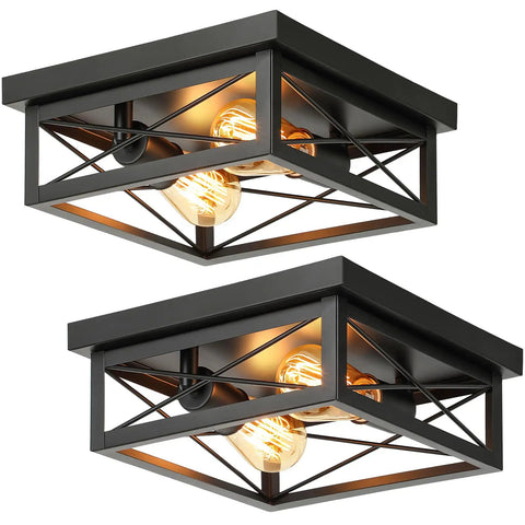 Two light industrial square flush mount ceiling light fixture for kitchen and hallway, modern black farmhouse ceiling light close to ceiling E26, 2 pack