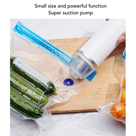 Compact Electric Vacuum Storage Bag Set For Travel With Rapid Compression Pump shown sealing cucumbers in a bag