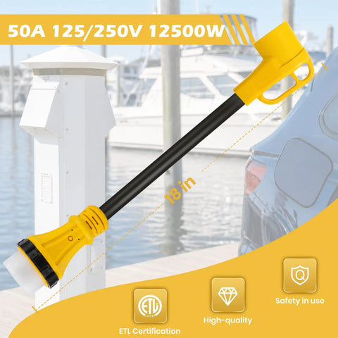 Rock Solid Marine Shore Power To RV EV Adapter connects 50 Amp dock outlet to NEMA 14-50R receptacle against marina backdrop.