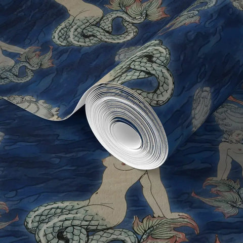 Little Rococo PVC Free Wallpaper Featuring Heavy Duty Poly Blend With Smooth Linen Texture For Kitchens Bathrooms And Mudrooms, showing rolled design with mermaids.