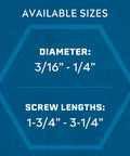 Available sizes for 1/4-Inch By 1-1/4-Inch Black Hex Head Concrete Anchors, 75 Pcs, Climaseal Coating, Corrosion Resistant, Heavy-Duty Concrete And Masonry Screws With Superior Holding Strength, Drill Bit Included; diameter 3/16"-1/4", length 1-3/4"-3-1/4".