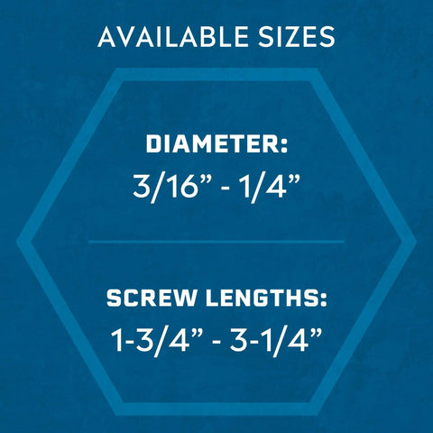 Available sizes for 1/4-Inch By 1-1/4-Inch Black Hex Head Concrete Anchors, 75 Pcs, Climaseal Coating, Corrosion Resistant, Heavy-Duty Concrete And Masonry Screws With Superior Holding Strength, Drill Bit Included; diameter 3/16"-1/4", length 1-3/4"-3-1/4".