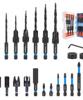 22-Piece Countersink Drill Bit Set With Quarter Inch Hex Shank, Tapered Countersinks, Wood Plug Cutters, Adjustable Depth Stops