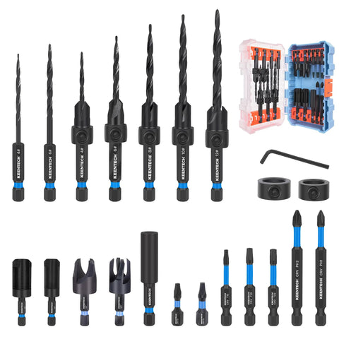 22-Piece Countersink Drill Bit Set With Quarter Inch Hex Shank, Tapered Countersinks, Wood Plug Cutters, Adjustable Depth Stops