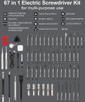 Mini Electric Precision Screwdriver Set 67-In-1 With 52 Magnetic Bits, Rechargeable Tools Kit, LED Light layout with various screwdriver bits.