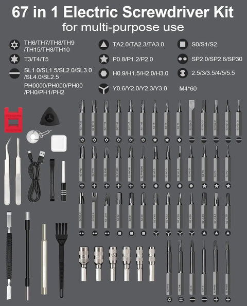 Mini Electric Precision Screwdriver Set 67-In-1 With 52 Magnetic Bits, Rechargeable Tools Kit, LED Light layout with various screwdriver bits.