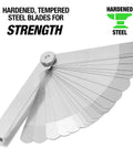 OEMTOOLS 25024 go-no-go feeler gauge, 22 steel blades fanned with knurled screw; SAE and metric sizes.