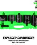 Green case with components of 14 Piece Ball Joint Installer And Remover Adapter Set Pro Grade Heavy Duty All In One Universal Kit