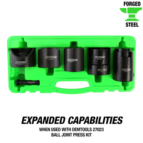 Green case with components of 14 Piece Ball Joint Installer And Remover Adapter Set Pro Grade Heavy Duty All In One Universal Kit