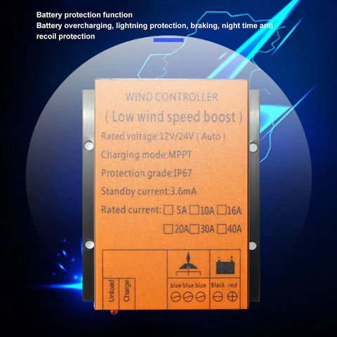 Top Notch MPPT PWM Wind Turbine Charge Controller 12V And 24V 300W To 1000W, 16A IP67 Waterproof shown against tech background