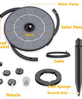 2.8W Solar Fountain Pump kit components for Bird Bath and Outdoor Garden, including solar panel, nozzles, cable, and mounting brackets