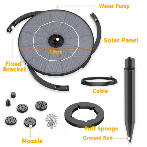 2.8W Solar Fountain Pump kit components for Bird Bath and Outdoor Garden, including solar panel, nozzles, cable, and mounting brackets