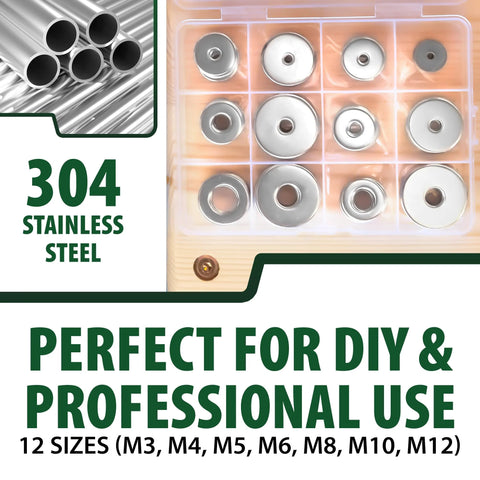 Front view of 304 stainless steel flat washer set, 100 pcs, assorted sizes M3–M12 in plastic organizer