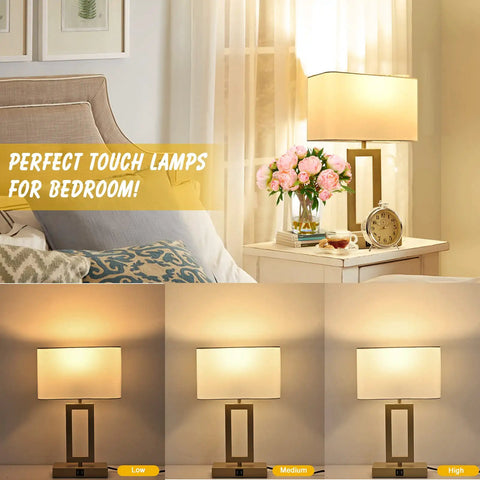 Dual USB Table Lamps Set Of 2 With Touch Control 3 Way Dimmable Bedside Lamps in bedroom setting with gold frame