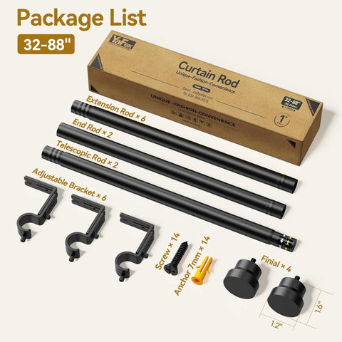 Beefy Black Curtain Rod Set 2 Pack Adjustable 32 To 84 Inches Heavy Duty One Inch Rod With Easy Installation And Wall Brackets