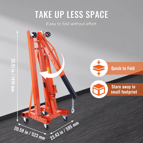 Heavy Duty Hydraulic Engine Hoist And Leveler Combo With Telescopic J Boom Lever Two Ton 4400 Lbs Capacity Foldable Shop Crane for compact storage.