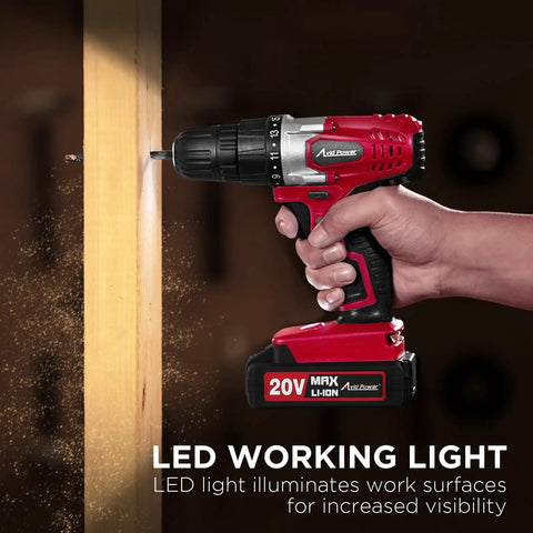 Heavy Duty 20 Volt Max Lithium Ion Cordless Drill Kit featuring ergonomic grip and keyless chuck in hand drilling into wood.