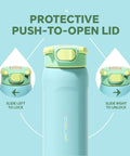 24 Oz Insulated Stainless Steel Water Bottle With Straw Sky Blue features a protective push-to-open lid for easy access.