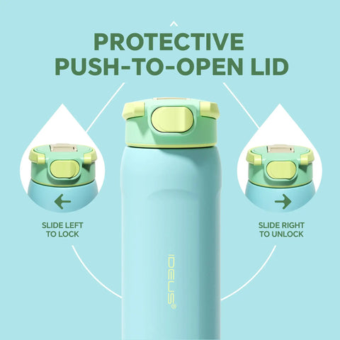 24 Oz Insulated Stainless Steel Water Bottle With Straw Sky Blue features a protective push-to-open lid for easy access.