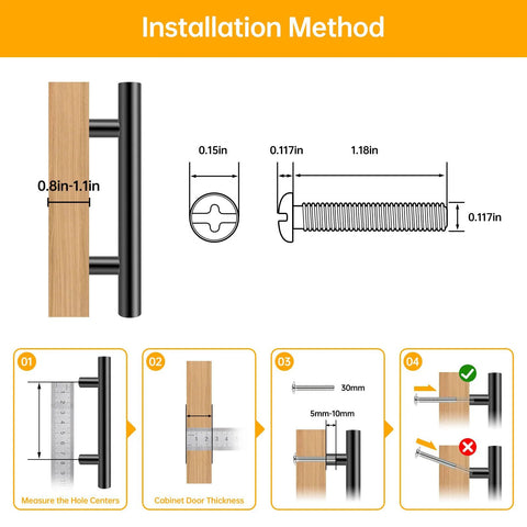 Installation guide for 24 Pack 5 Inch Stainless Steel Cabinet Pulls With Brushed Nickel Finish, showing screw measurements and hole spacing.
