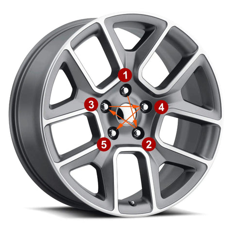 Chrome Bulge Acorn Lug Nuts Set M12x1.5 Thread 60 Degree Conical Seat 3/4 Inch Hex 1.4 Inch Long on 5-lug wheel.