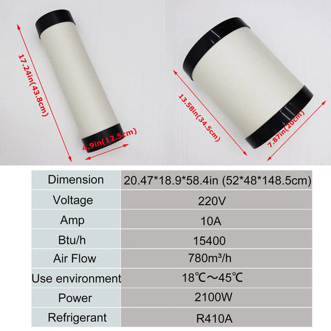 Top Tier 220V Industrial Portable Air Conditioner 15400 Btu Spot Cooler dimensions showing 20.47x18.9x58.4 inches with airflow specs.