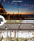 Outdoor Solar String Lights 48ft USB Rechargeable Patio Lights For Yard Porch Garden Pool And Party Waterproof And Shatterproof Bulbs For Camping Perfect For Backyards Parties And Outdoor Adventures, showing lights at night and day.