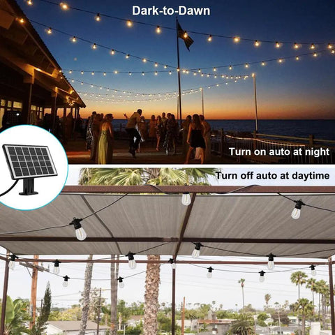 Outdoor Solar String Lights 48ft USB Rechargeable Patio Lights For Yard Porch Garden Pool And Party Waterproof And Shatterproof Bulbs For Camping Perfect For Backyards Parties And Outdoor Adventures, showing lights at night and day.