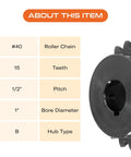 ANSI 40 Roller Chain Sprocket, 15 Tooth, 1 Inch Bore, BHub Carbon Steel Industrial Sprocket details and specifications chart
