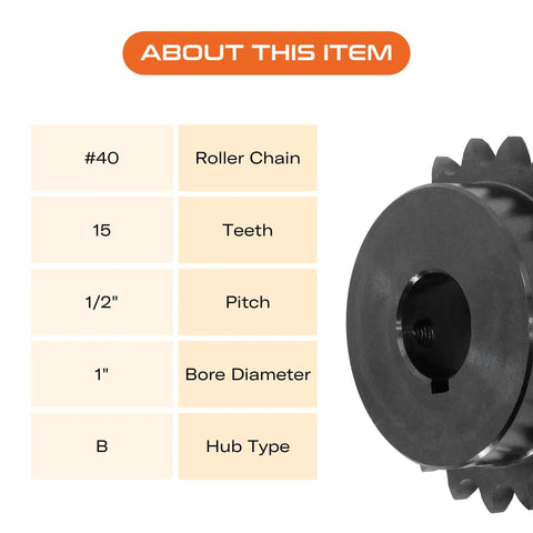 ANSI 40 Roller Chain Sprocket, 15 Tooth, 1 Inch Bore, BHub Carbon Steel Industrial Sprocket details and specifications chart