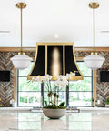 Modern Gold Schoolhouse Pendant Light With White Glass Shade in kitchen interior view