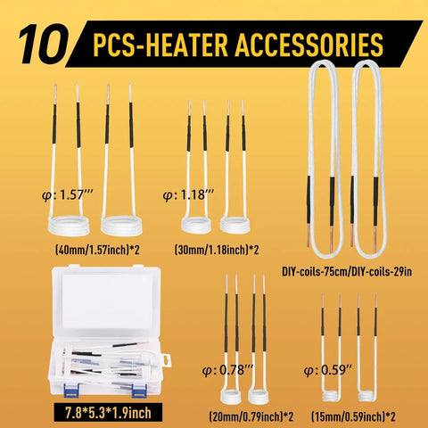 10 Piece Magnetic Induction Coil Kit With Eight Fixed Diameter Coils And Two DIY Coils For Bolt Removal displayed with measurements.