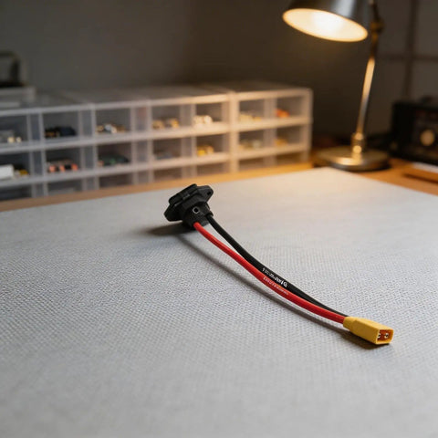 High Performance Xt60 Male To 3 Pin Power Socket Adapter With Nickel Plated Brass Contacts For Electric Bikes And Drones Supporting 16 Amps At 250 Volts using 10 AWG wire on a table.