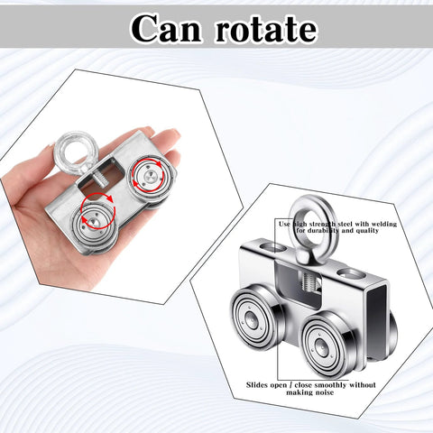 Close-up of Four-Piece Ring-Style Electric Hoist Trolley Set for 1-5/8 Inch Wide Strut Channel, showing rotating galvanized wheels