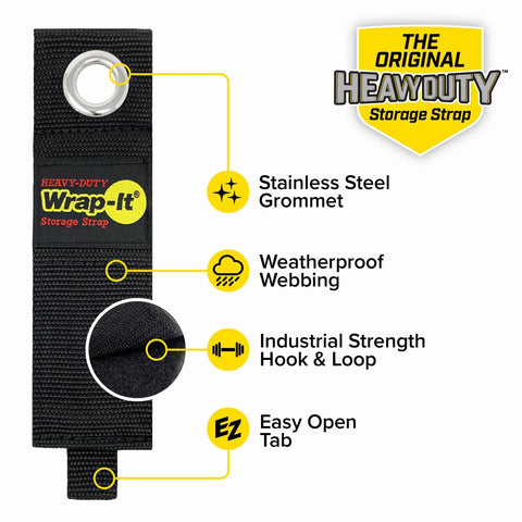 Heavy-Duty Cord Wrap Straps 13 Inch Six Pack Hook And Loop Cable Organizer, showing stainless steel grommet and weatherproof webbing