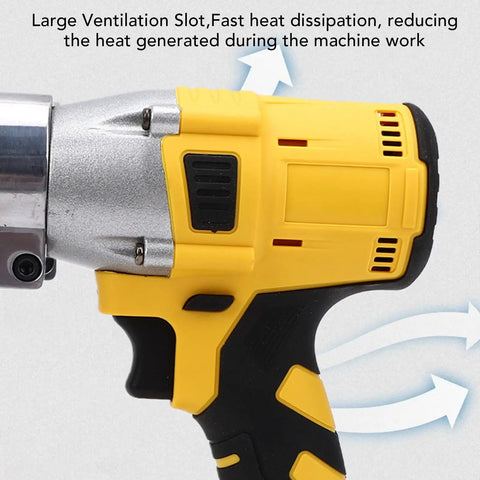 Asixxsix Heavy Duty Cordless Electric Metal Shear with 400Nm Torque showing large ventilation slot for heat dissipation.