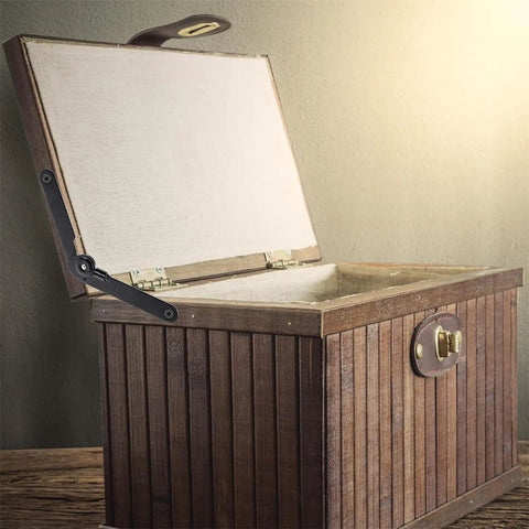 180 Degree Rotating Folding Hinges for Cabinets and Furniture, Heavy Duty Iron Lid Hinge on wooden chest, open position