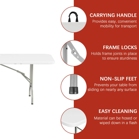 Heavy Duty Eight Foot Folding Table Fold In Half Utility Table For Indoor Outdoor Use Great For Camping Picnics Parties showing handle, frame locks, non-slip feet, easy cleaning