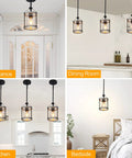 Four images showing Rustic Wood And Glass Pendant Light With Matte Black Frame in entrance, dining room, kitchen, and bedside.
