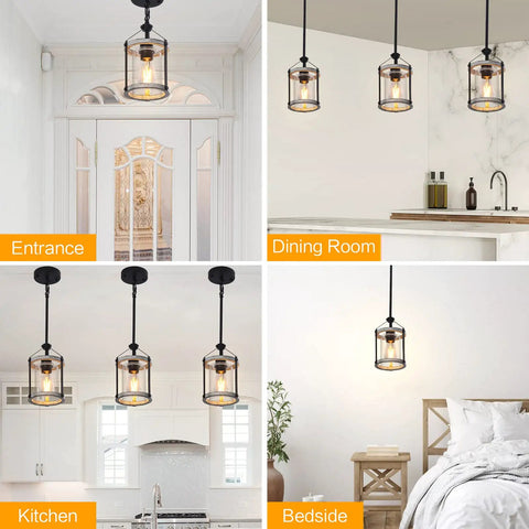 Four images showing Rustic Wood And Glass Pendant Light With Matte Black Frame in entrance, dining room, kitchen, and bedside.