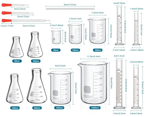 Complete Lab Glassware Starter Kit With 50 100 250 500 1000ml Beakers, Graduated Cylinders, Glass Droppers, Stirrers, Measuring Cups.
