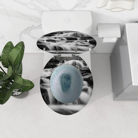 Toilet Seat Round Resin for Bathroom featuring a unique design with a blue textured surface and a flowing water pattern