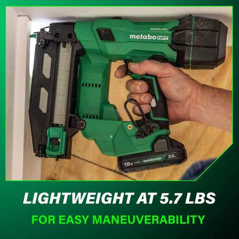 Hand holding 18 Volt Cordless Brushless 16 Gauge Finish Nailer Kit With 2.0Ah Battery Drives One To Two And A Half Inch Nails