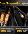 Close-up of dual suspension system on Powerful 2500W Peak Electric Fat Tire Bike For Adults with hydraulic brakes and 26x4 fat tires.