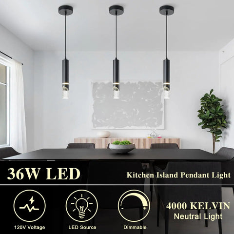 Matte Black Mini Pendant Lights 3 Pack With Integrated 36W 4000K LED Bubble Crystal Dimmable Hanging Fixtures in dining room