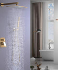Premium Brushed Gold Shower Faucet Set Featuring 10 Inch Square Rainfall Head And Handheld Sprayer Wall Mounted, water flowing