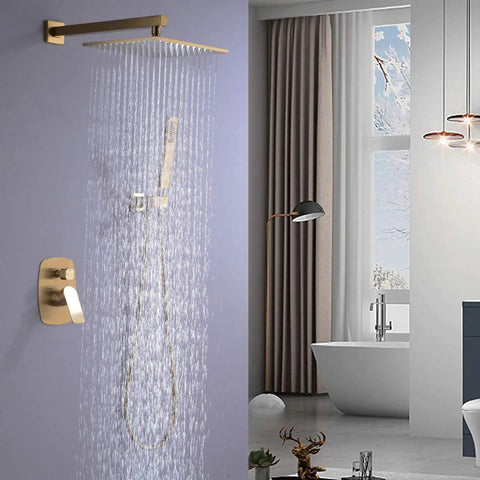 Premium Brushed Gold Shower Faucet Set Featuring 10 Inch Square Rainfall Head And Handheld Sprayer Wall Mounted, water flowing